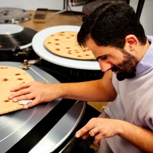 Prompt: a disc jockey is scratching with his hand on an Israeli pita bread on a turntable, wide shot