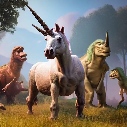 Image similar to a hyper real comic book style portait painting of an unicorn in the stone age with dinosaurs, unreal 5, hyperrealistic, octane render, cosplay, rpg portrait, dynamic lighting