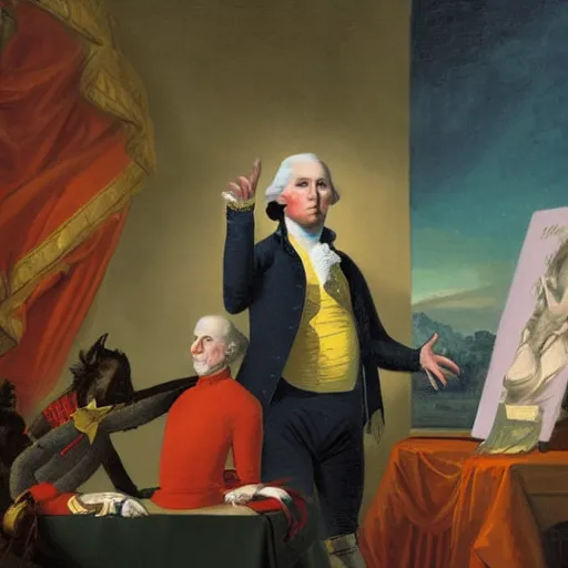 Prompt: painting of george washington doing a dab pose as donald trump watches and cries