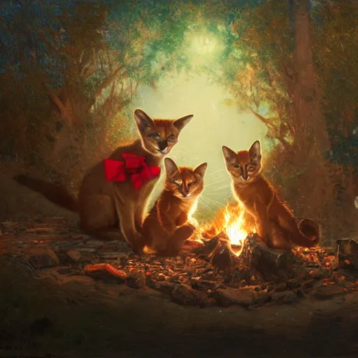 Image similar to three cute caracals wearing red bows and ties with guitar, campfire, night, atmospheric lighting, intricate, volumetric lighting, digital art, highly detailed by gaston bussiere, craig mullins, j. c. leyendecker 8 k