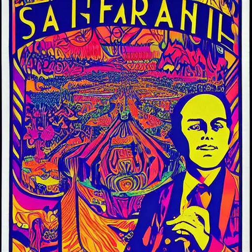 Prompt: a detailed, intricate, psychedelic 1960s poster for a concert in San Francisco featuring Marc E Smith of The Fall, in 1966, LSD, trippy,The Fall