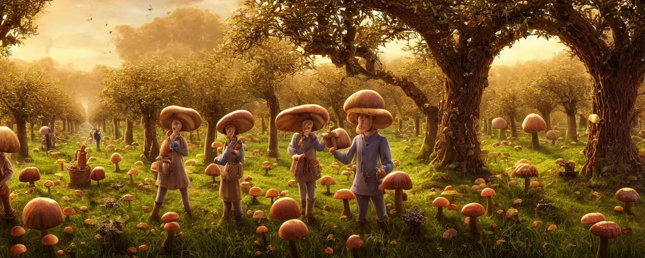 Prompt: portrait of symmetrical friendly mushroomfolk merchants, with detailed facial features, repairing an orchard, with fruit trees, supported by advanced stalks, near a galaxy, insanely detailed and intricate, golden ratio, elegant, ornate, elite, haunting, matte painting, cinematic, trending in cgsociety, unreal engine, 8k, miyazaki, vivid and vibrant