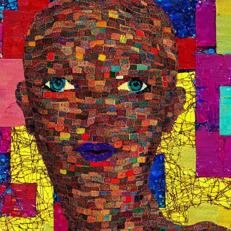 Prompt: beautiful anima girl lost in colors artwork by el anatsui