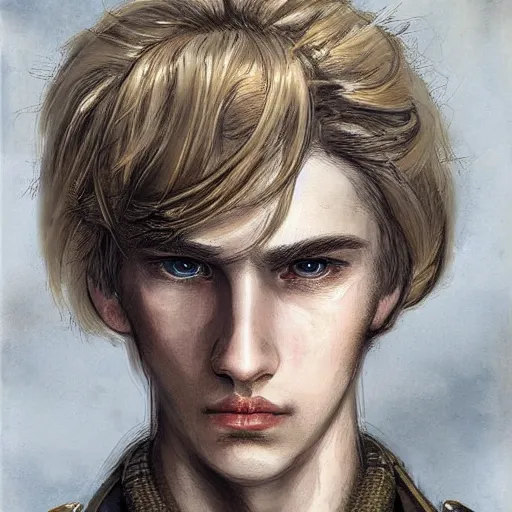 Image similar to portrait of a man by ayami kojima, polish, he is about 2 0 years old, blond hair with bangs, nervous but determined, he is wearing steampunk military fatigues, highly detailed portrait, digital painting, artstation, concept art, smooth, sharp foccus ilustration, artstation hq