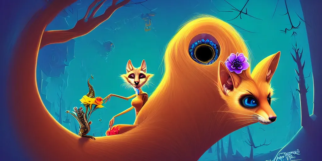 Image similar to curved perspective, extreme narrow, extreme fisheye, digital art of an hallucinogenic female embalmed marten animal wearing jewlery with blonde hairstyle with blue flower in hair by anton fadeev from nightmare before christmas