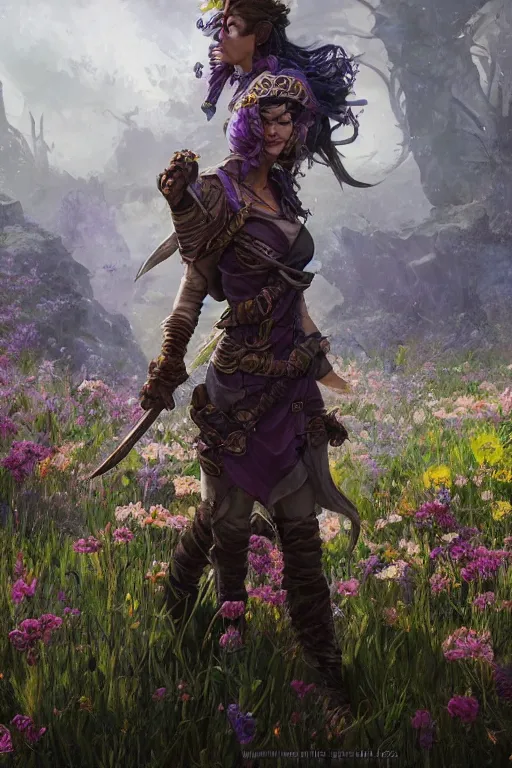 Image similar to A high fantasy female dnd ranger standing in the middle of the field of flowers by Eddie Mendoza face close up official media beautiful detailed high quality