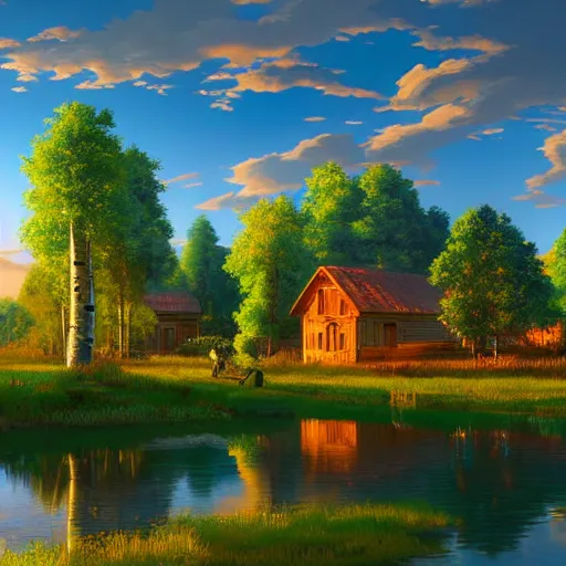 Image similar to a masterpiece detailed beautiful russian village, houses, trees, birch, lake, golden hour, sunset, by Makoto Shinkai and Ivan Shishkin