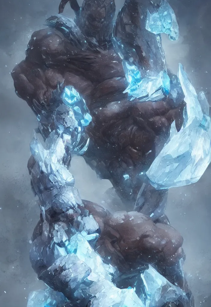 Prompt: a muscular ice giant made of ice and crystal from dungeon and dragons character, ice armor, concept art in style of Greg Rutkowski, ultracrisp, John Singer Sargant, painted by Frazetta, trending on artstation!!