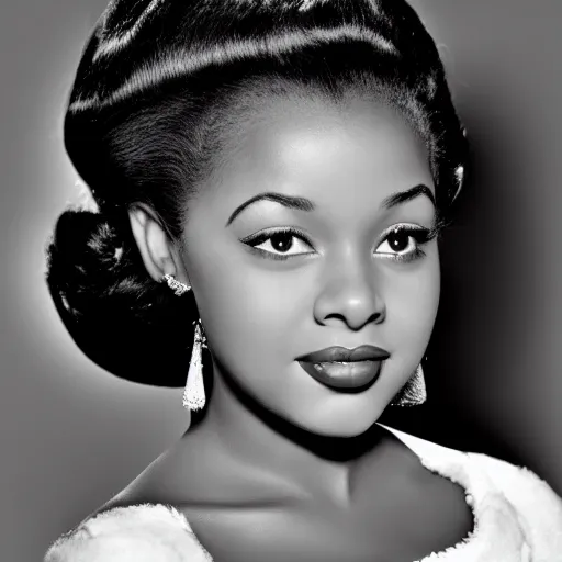 Prompt: black and white photo of a beautiful and elegant 1 9 5 8 young black actress