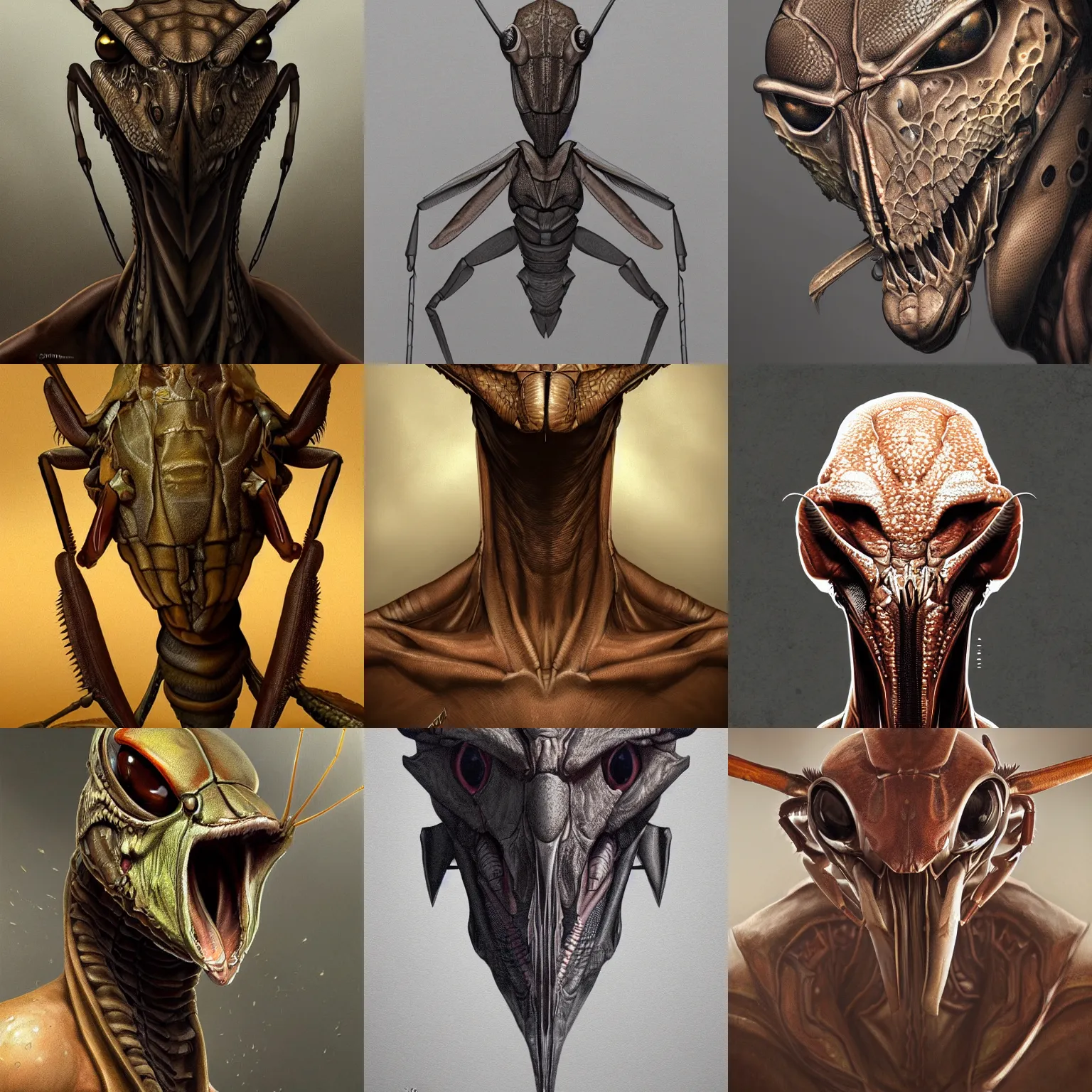 Prompt: studio portrait of anthropomorphic brown mantis, flat pancake triangular head, intimidating, strong, ultrafine hyperrealistic detailed face illustration, dark science fiction, intricate, highly detailed, digital painting, trending on artstation, concept art, smooth, sharp focus, darker colors, rpg rulebook illustration, art by raymond swanland