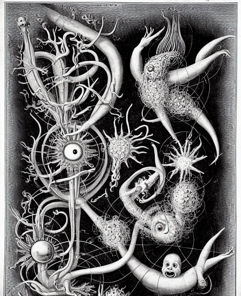 Image similar to whimsical freaky creature sings a unique canto about'as above so below'being ignited by the spirit of haeckel and robert fludd, breakthrough is iminent, glory be to the magic within