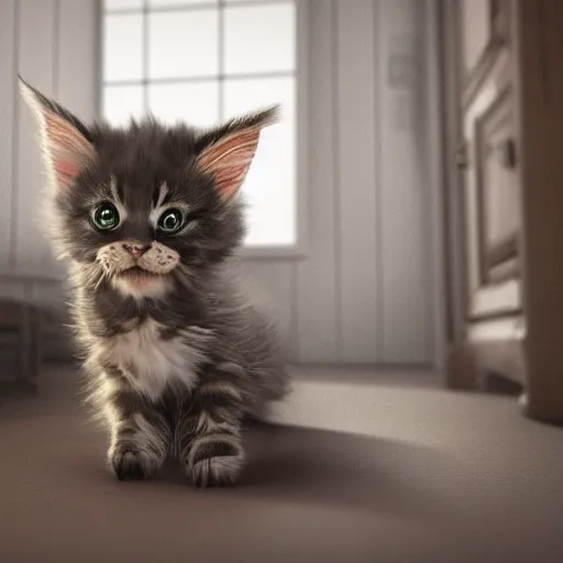 Image similar to eye - level view, a super cute maine coon kitten ate my homework in my room and woke up the next day smart, hilarious, funny, frenetic high energy, back to school comedy, cg animation, 3 d octane render, imax 7 0 mm, rtx,