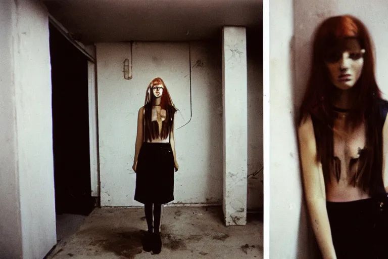 Prompt: 35mm color lomography, last photo, portrait, fashion shoot, weird, random, strange, spooky, interesting, basement