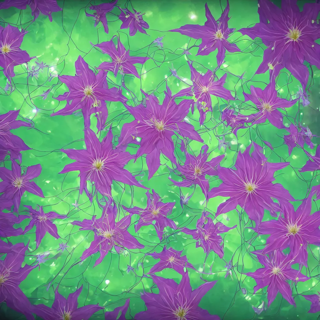 Image similar to clematis theme logo, clematis theme banner, clematis design, clematis in the deep sea, clematis like stars in the sky, trending on artstation, warm light, lovely and cute, fantasy art, 8 k resolution