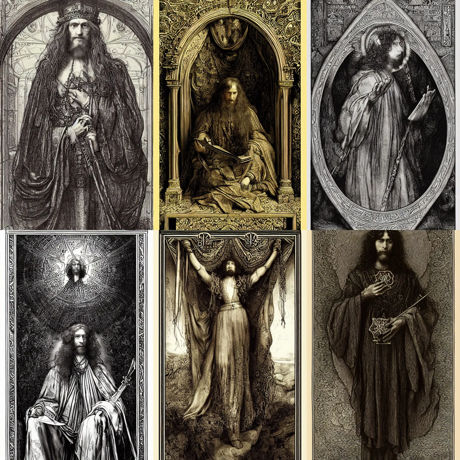 Prompt: Pre-Raphaelite The hierophant tarot card, spiritual, 4k digital illustration by Rembrandt and Gustave dore, Tarot Card, occult, iconography, intricate border designs, Artstation