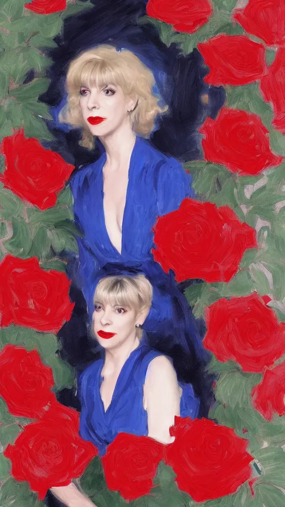 Prompt: portrait of julee cruise in lynch pattern, big persian detailed pot of red roses, blue and red lights painted by john singer sargent