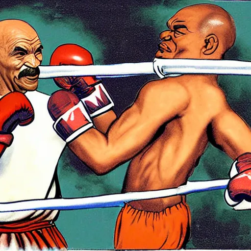 Image similar to Mahatma Gandhi boxing Mike Tyson in a boxing ring, highly detailed