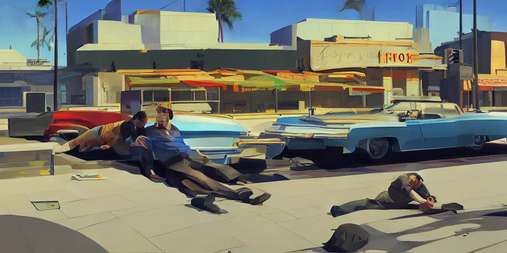 Prompt: art style by Ben Aronson and Edward Hopper and Syd Mead, wide shot view of the GTAV, on ground level.