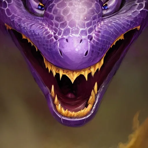 Image similar to a close-up look of a violet snake-head, snake head, two fangs, violet theme, epic fantasy digital art style, fantasy artwork, by Greg Rutkowski, fantasy hearthstone card art style