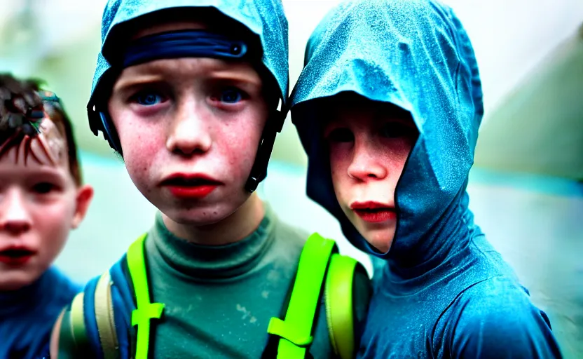 Prompt: cinestill 5 0 d candid photographic portrait by helen levitt of two cyborg kids wearing rugged neon blue mesh techwear in treacherous waters, extreme closeup, modern cyberpunk moody depressing cinematic, pouring rain, dystopian atmosphere, 8 k, hd, high resolution, 3 5 mm, f / 3 2, ultra realistic faces, ex machina