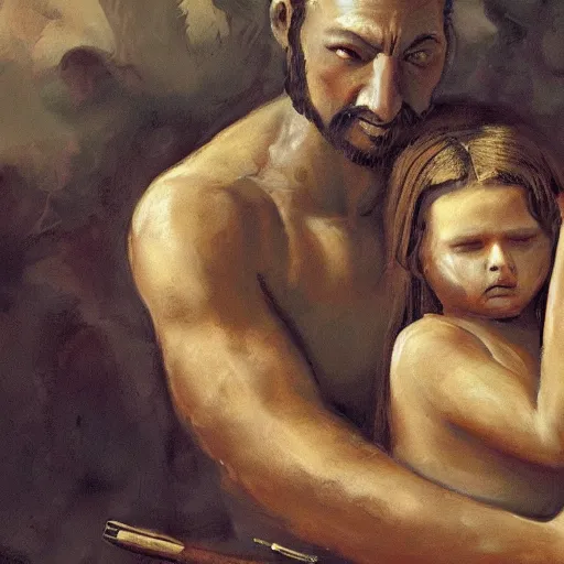 Prompt: painting of, a warrior dad protecting his little daughter, from the demons of life, highly detailed