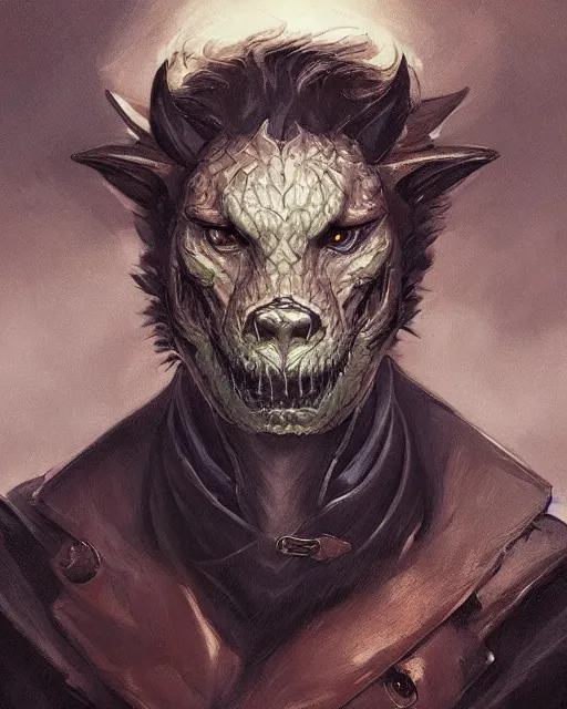 Prompt: '' Face portrait of a handsome weredragon with a black leather coat, short hair , fantasy, d&d, high detail, digital painting, artstation, concept art, sharp focus, illustration, art by greg rutkowski and alphonse mucha ''