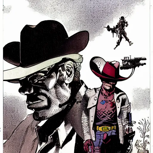 Image similar to cyborg cowboy, highly detailed, ron cobb, moebius, mike mignola