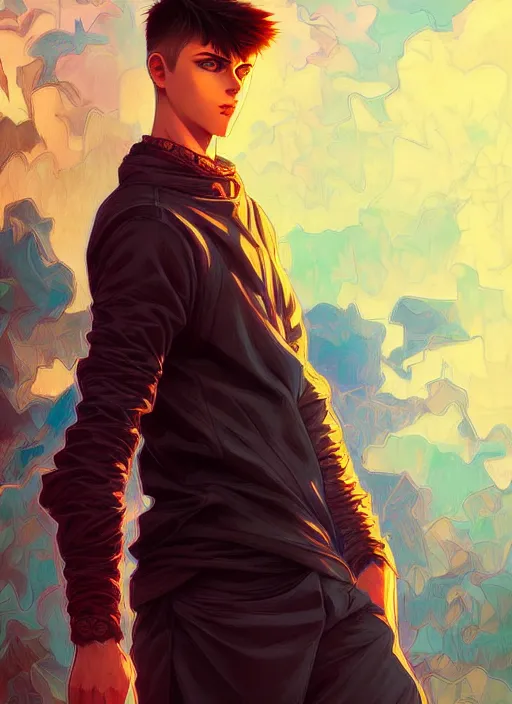 Image similar to handsome genos, half body shot, path traced, highly detailed, high quality, digital painting, alena aenami, lilia alvarado, shinji aramaki, karol bak, alphonse mucha, tom bagshaw