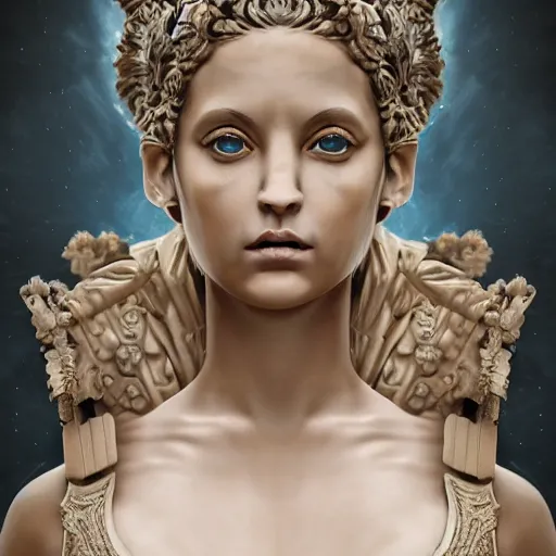 Image similar to A digital masterpiece illustration concept art of giant porcelain statue of Paige Spiranac as a greek goddess its top in the heaven, beautiful eyes, symmetrical face, symmetrical body, taiga landscape + inspired art by mark brooks, peter kemp + Extremely detailed and intricate complexity + epic composition, magical atmosphere, cinematic lighting + wide long shot, wide angle + trending on artstation + 8k