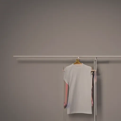 Prompt: an ultra high definition professional studio quality photograph of a transparent iridescent perspex pastel coloured t - shirt on a white coat hook in an empty white room. dramatic lighting, ray tracing, refraction, shallow d. o. f, colour corrected, golden ratio, three point light. volumetric shadows..