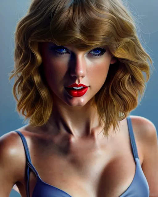 Image similar to 3 / 4 view of a portrait of taylor swift wears compact bikini, evangelion, au naturel, hyper detailed, digital art, trending in artstation, cinematic lighting, studio quality, smooth render, frostbite 3 engine rendered, art style by klimt and nixeu and ian sprigger and wlop and krenz cushart
