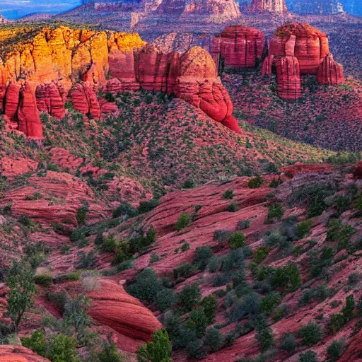 Image similar to bottom-up view from a huge deep red rock canyon in Sedona, in the evening light ultra detailed by National Geographic style, golden hour, atmospheric lighting, 8k resolution, best color graded, vray beautiful, hyper-realistic render W 1080 H 1080