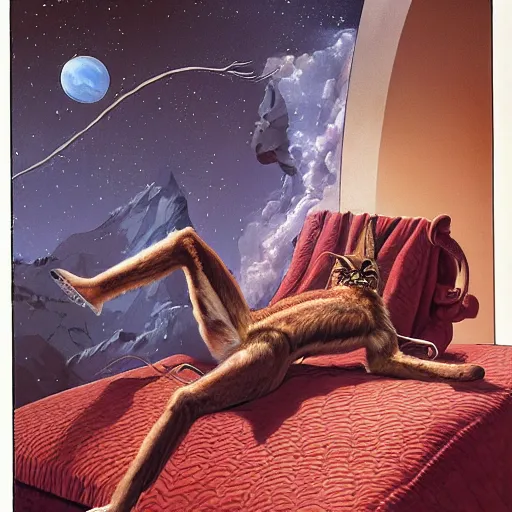 Prompt: hairy maned lynx - headed romantic hero in satin robe, laying on sci fi bed, science fiction, pulp sci fi, michael whelan, ron cobb, highly detailed, mignogna, illustration