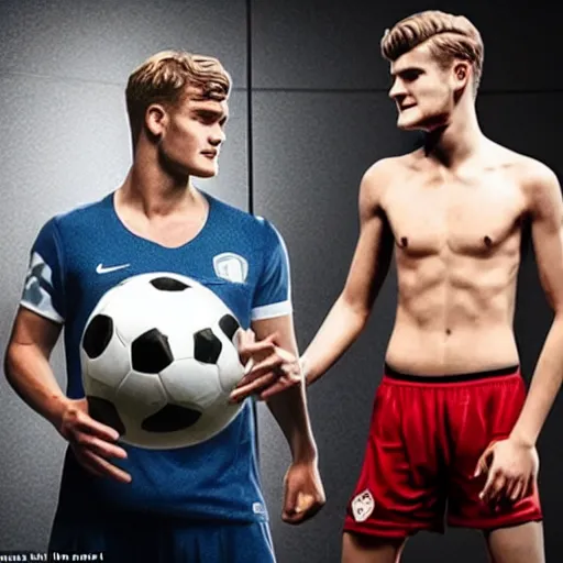 Image similar to a realistic detailed photo of a guy who is an attractive humanoid who is half robot and half humanoid, who is a male android, soccer players martin ødegaard & timo werner, shiny skin, posing like a statue, blank stare, in a factory, on display, showing off his muscles, gold soccer shorts, side view, looking at each other mindlessly