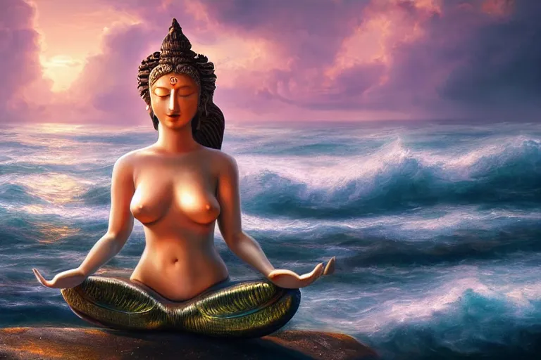 Prompt: stunning artstation style portrait painting of a mermaid bodhisattva, praying meditating prayer hands, human hand, on the beach, by the ocean, stunning sky, WLOP, 8k masterpiece, curvy, slim build, full frame shot, cinematic lighting, pristine clean design, fantasy, insanely detailed, atmospheric