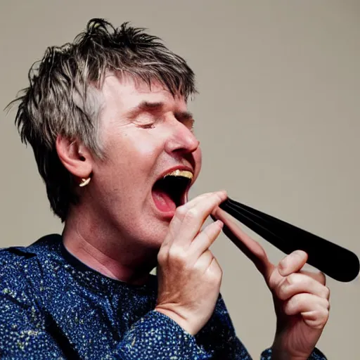 Prompt: A photo of New Zealand musician Neil Finn (Crowded House, Split Enz) screaming and crying at his table as a piece of chocolate cake sits on a plate at the desk, low quality, dark lighting, shaky