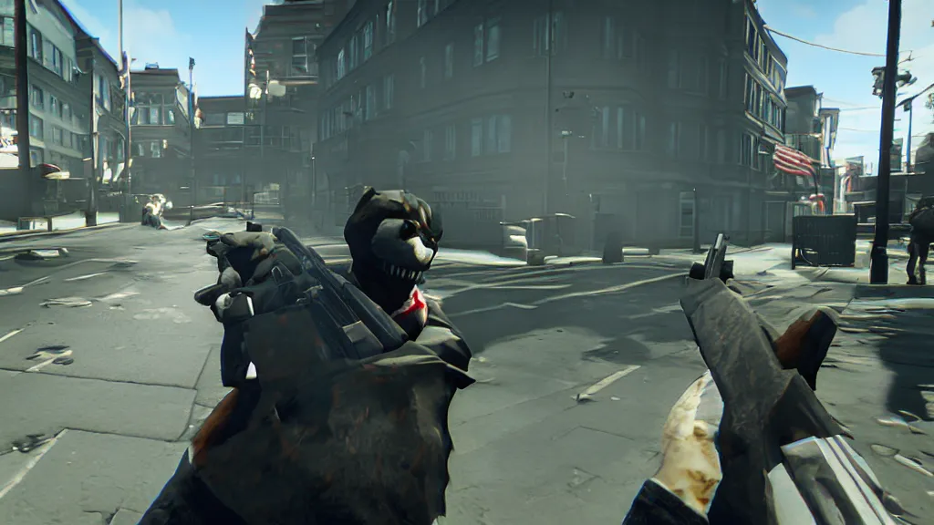 Image similar to Screenshot from the PC game Payday 2 demonstrating the fursuit unlock