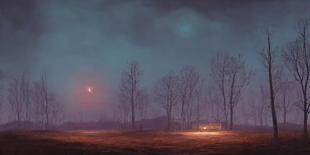 Image similar to abandoned civilisation at night, moonlight lighting, landscape painted by simon stalenhag