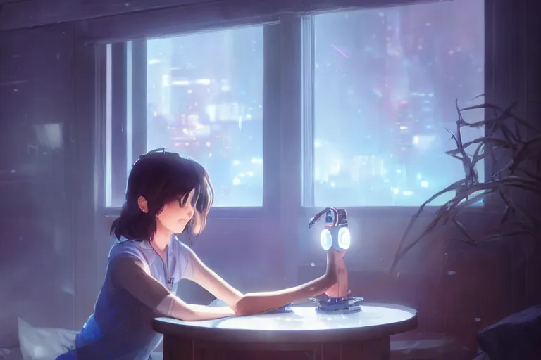 Image similar to girl helping a robot learn to read, scenic full shot, ambient lighting, detailed face, by makoto shinkai, stanley artgerm lau, wlop, rossdraws