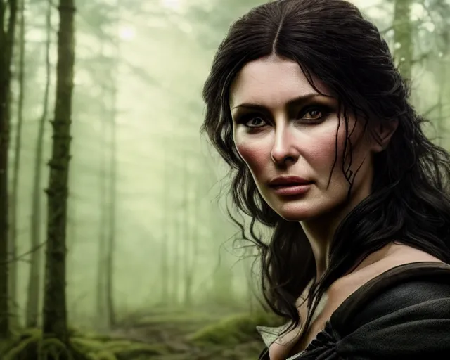 Image similar to 5 5 mm portrait photo of olga kurilenko as real life tough looking yennefer of vengerberg, in a forest. magical atmosphere. art by greg rutkowski. highly detailed 8 k. intricate. lifelike. soft light. nikon d 8 5 0.