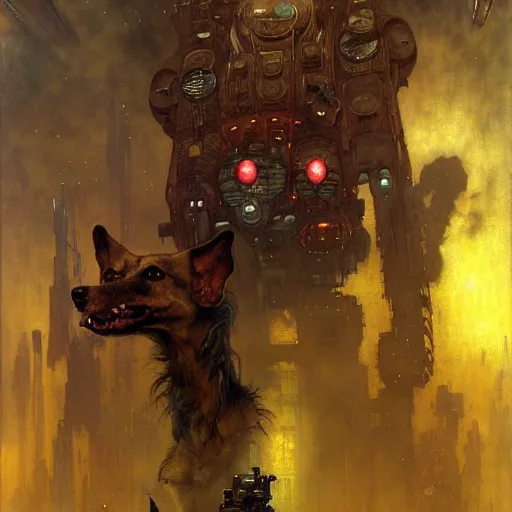 Prompt: portrait german dogman canine neuromancer. spaceship futuristic city. shadowrun cyberpunk fantasy d & d painting by gaston bussiere craig mullins jc leyendecker gustav klimt artgerm greg rutkowski john berkey, bergey, craig mullins, ruan jia, raymond swanland, jeremy mann, beksinski, jack kirby, tom lovell