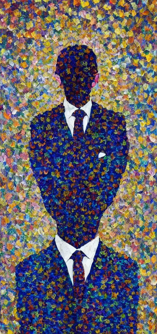 Prompt: oil painting of man in suit with mandelbrot fractal as head