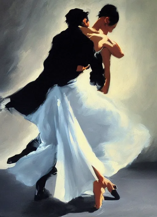 Image similar to sensual tango dancerin in white dress, painting by phil hale, fransico goya,'action lines '!!!, graphic style, visible brushstrokes, motion blur, blurry, visible paint texture, crisp hd image