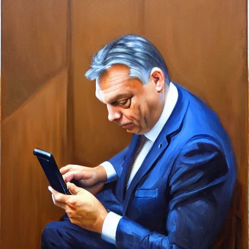 Prompt: viktor orban playing on his phone in a cubicle, oil painting