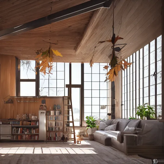 Image similar to post and beam a - frame interior, tall ceilings and loft, caramel leather couch, bookshelf, vintage refrigerator and kitchen, large window in back with fall foliage, many plants hanging, marble countertops, spiral staircase, realistic, unreal engine render, octane render, hyper realistic, photo, 8 k