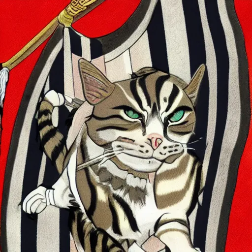 Image similar to a piebald warrior cat riding a large striped gray cat steed galloping into battle he holds the reigns with one paw and a battle flag with the other