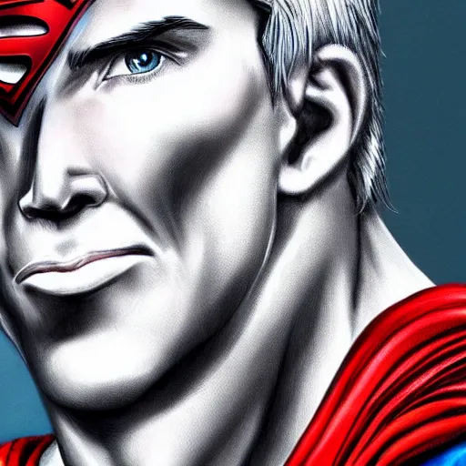 Prompt: hyper realistic portrait of superman with blonde two sides hair and thin face lines