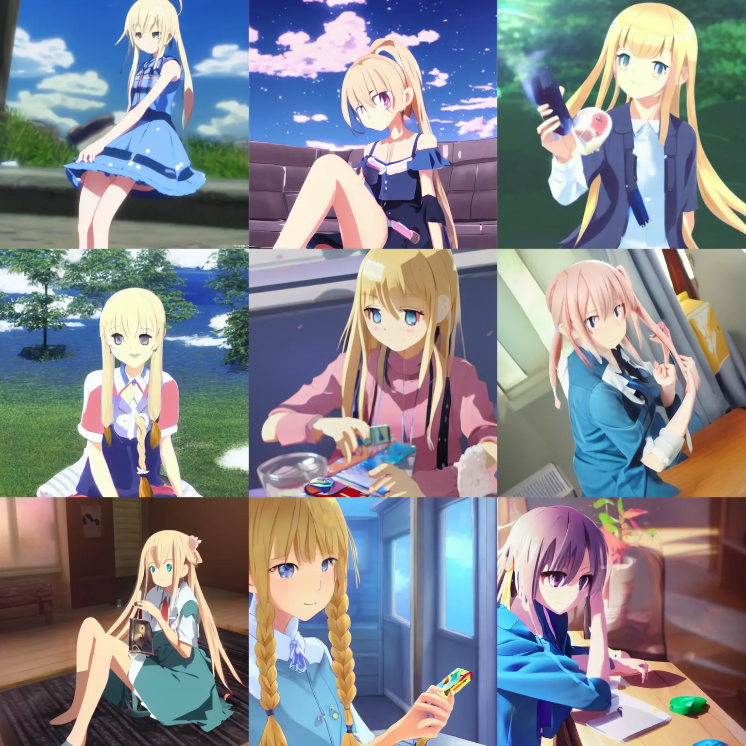 Prompt: rta - chan playing games, by makoto shinkai, bright, long blonde pigtails, blue and shite dress