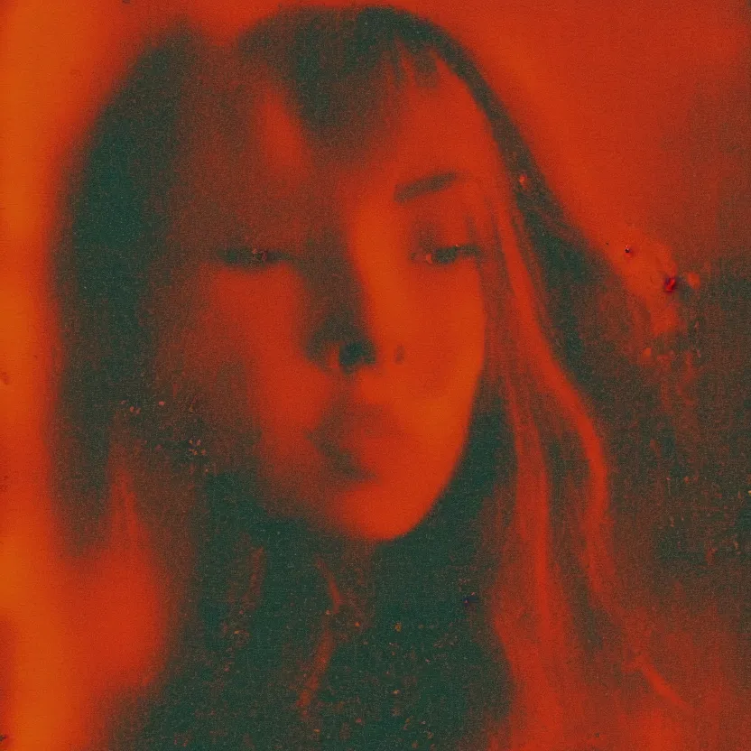 Image similar to a woman's face in the water, serene emotion, new polaroid, glitchy patterns, hazy, red, orange, yellow, soft lighting