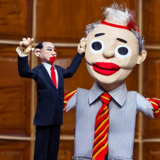 Image similar to crazy puppeteer using marionette of a president in a podium